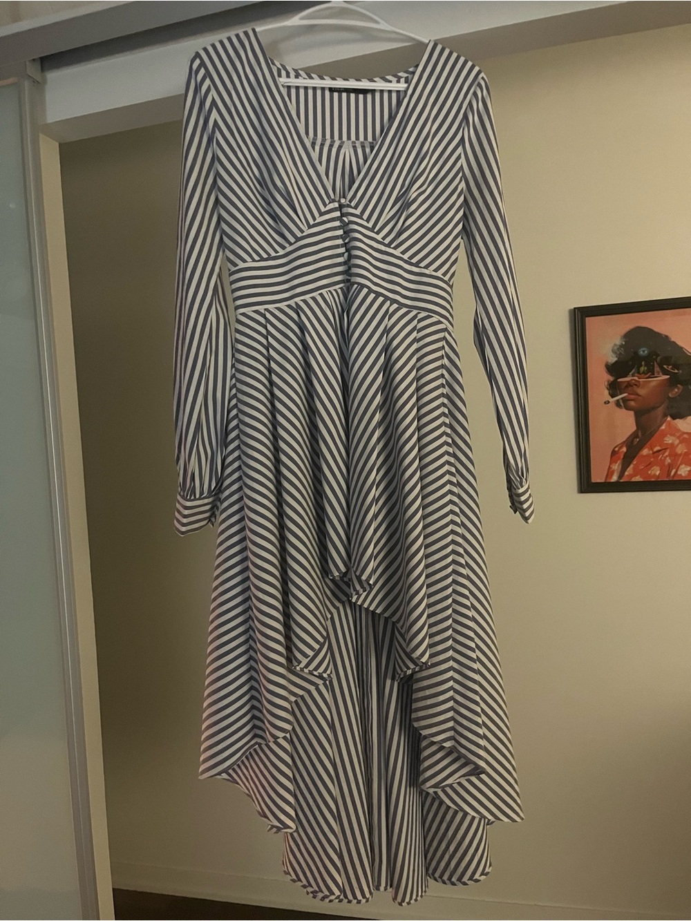 Ina Navy and White Striped High-Low V-Neck Dress